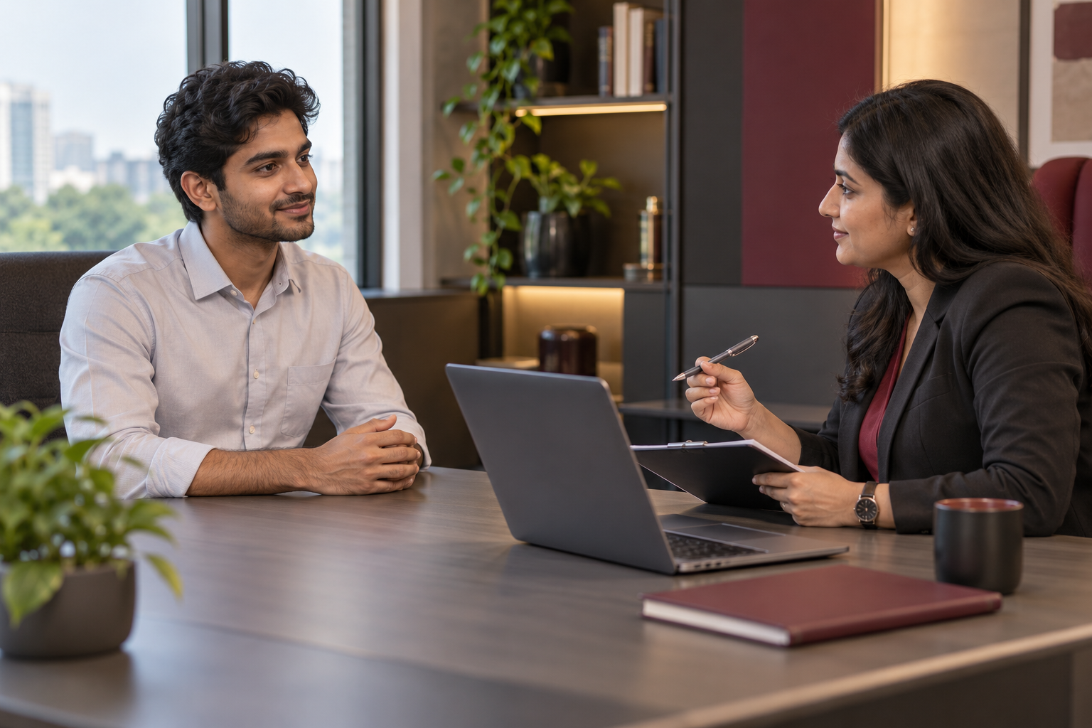 Illustrative photograph of an admission interview conversation