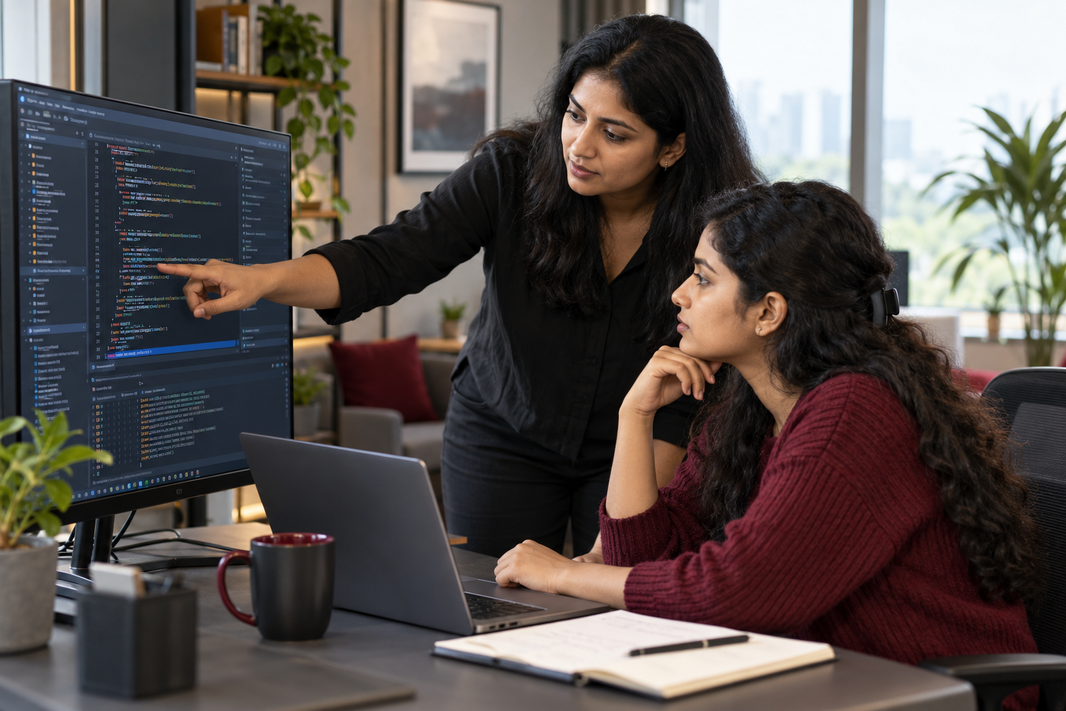 Illustrative photograph of a mentor guiding a learner through a code review