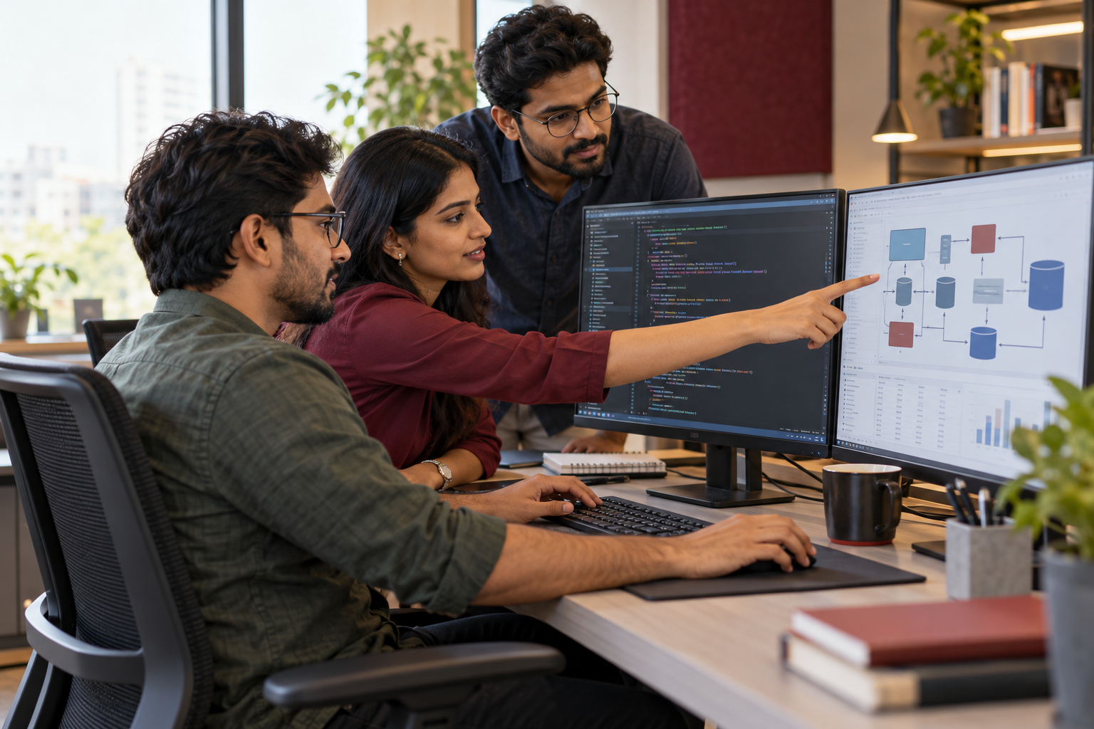 Illustrative photograph of engineers collaborating on a coding project